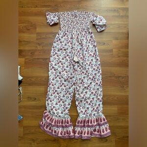 B.O.G. BAND OF GYPSIES NWT smocked off shoulder ruffle leg jumpsuit floral Md